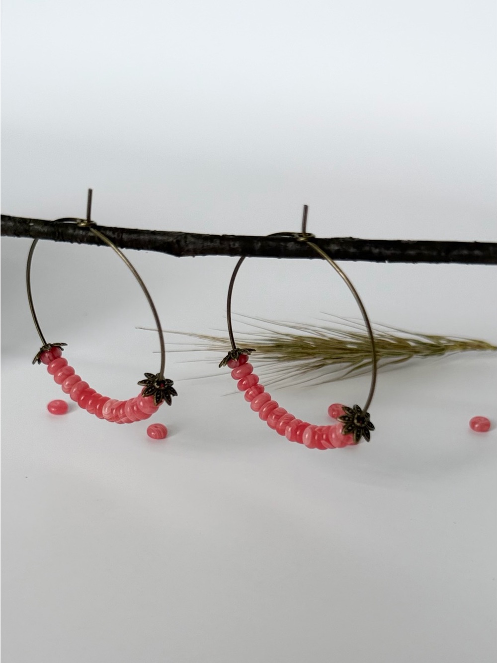 Coral Pink Beaded Hoop Earrings with Floral Accents